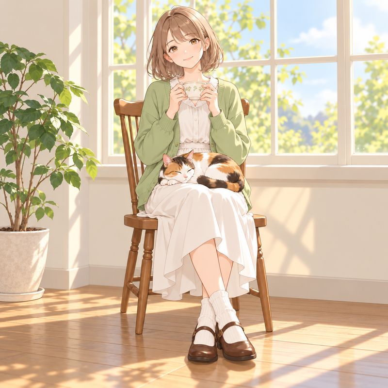 基準にしたイラスト、窓辺で紅茶を飲む女の子と三毛猫