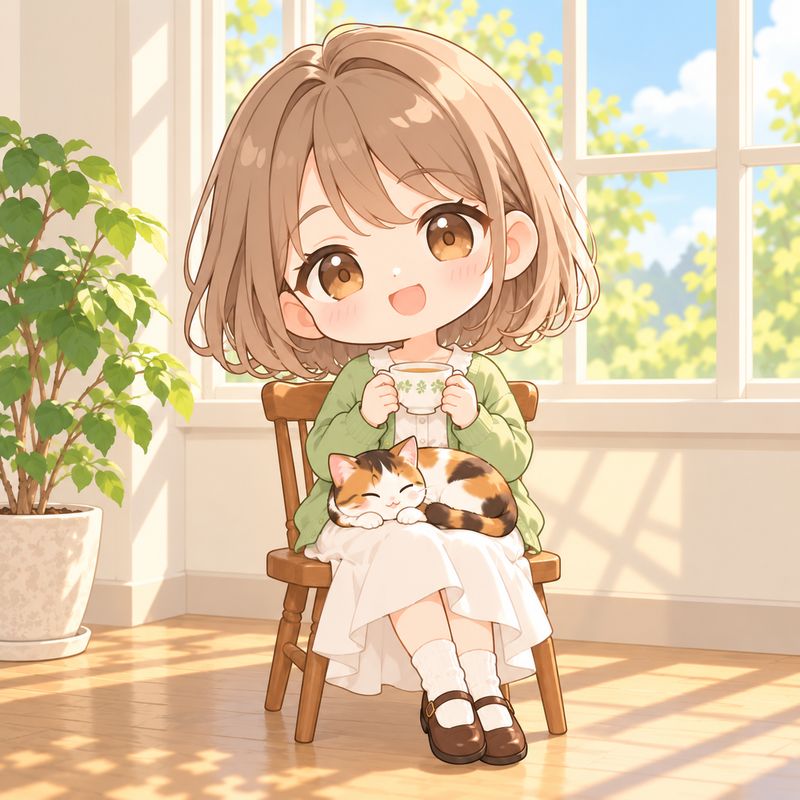 ちびキャラ風で描いた、窓辺で紅茶を飲む女の子と三毛猫