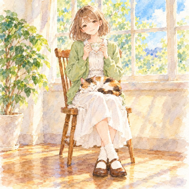 水彩画風で描いた、窓辺で紅茶を飲む女の子と三毛猫