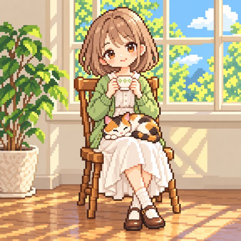 ドット絵風で描いた、窓辺で紅茶を飲む女の子と三毛猫
