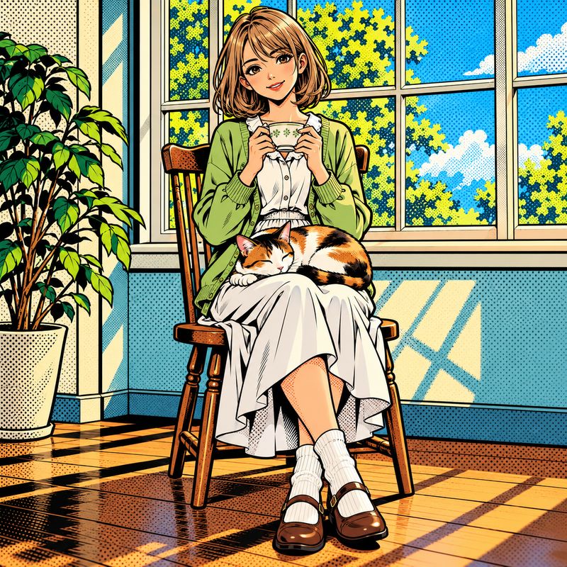 アメコミ風で描いた、窓辺で紅茶を飲む女の子と三毛猫
