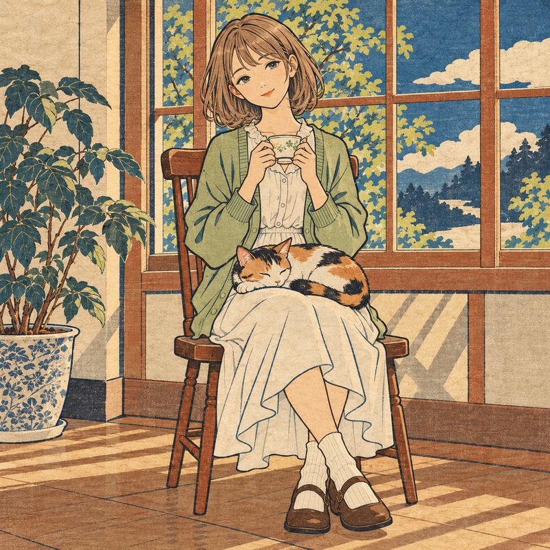浮世絵風で描いた、窓辺で紅茶を飲む女の子と三毛猫