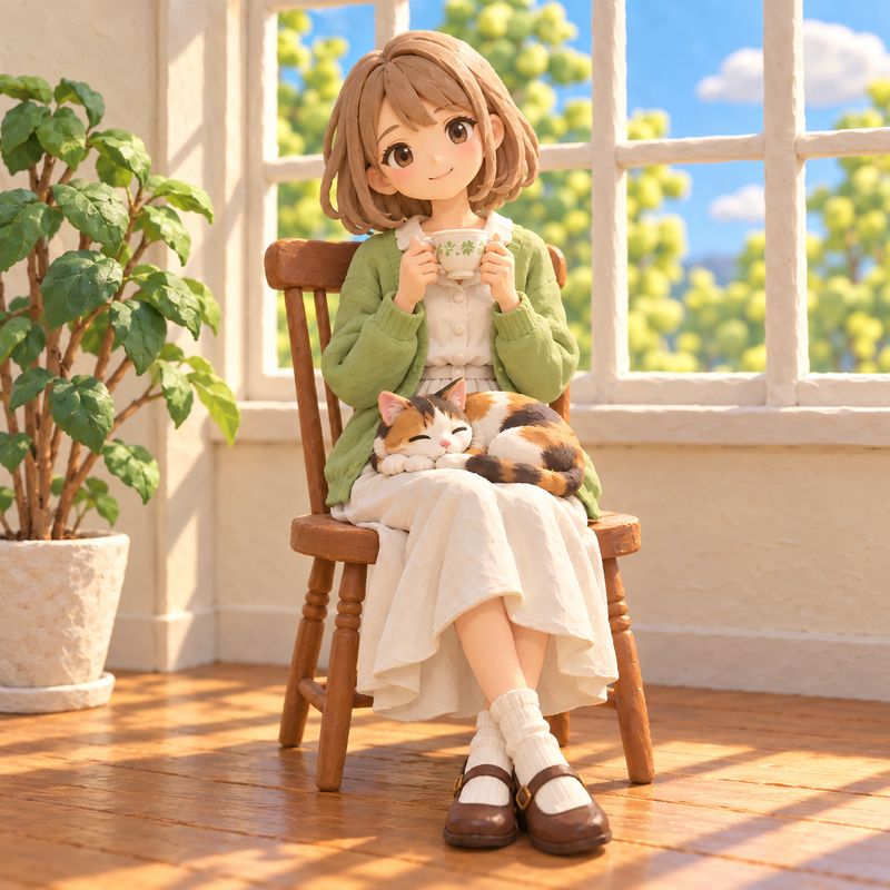 粘土（クレイ）風で描いた、窓辺で紅茶を飲む女の子と三毛猫