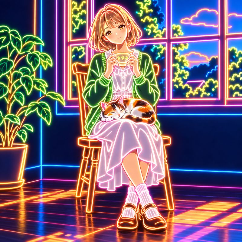 ネオンサイン風で描いた、窓辺で紅茶を飲む女の子と三毛猫