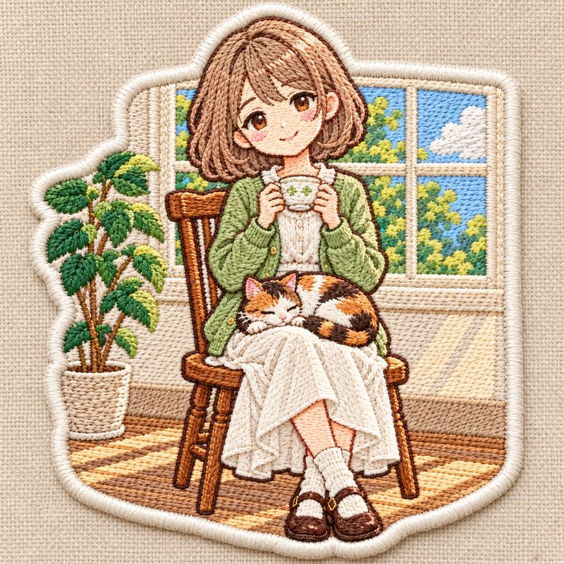 刺繍ワッペン風で描いた、窓辺で紅茶を飲む女の子と三毛猫