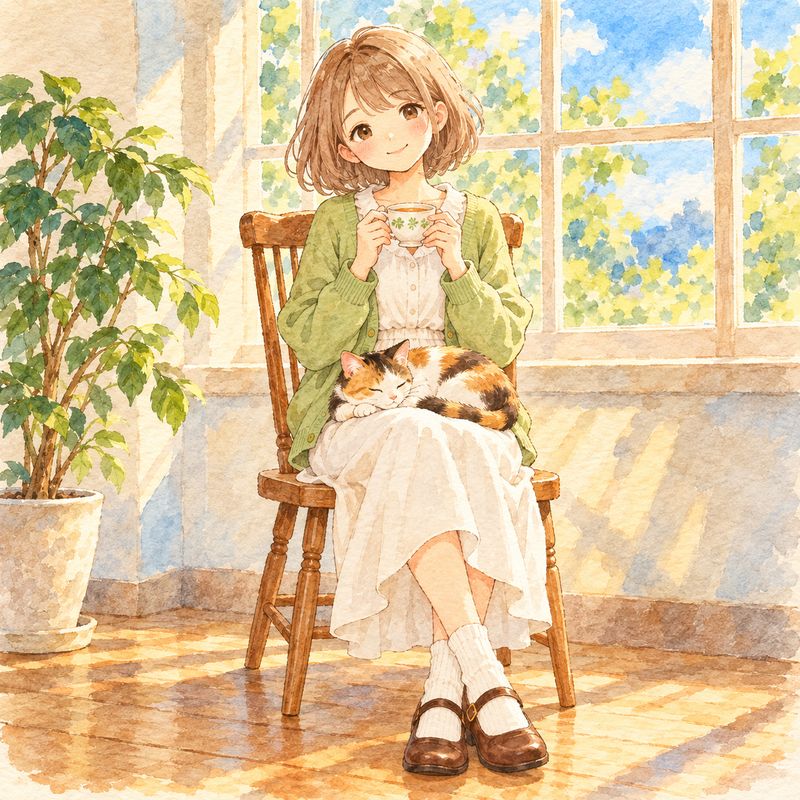 絵本風で描いた、窓辺で紅茶を飲む女の子と三毛猫