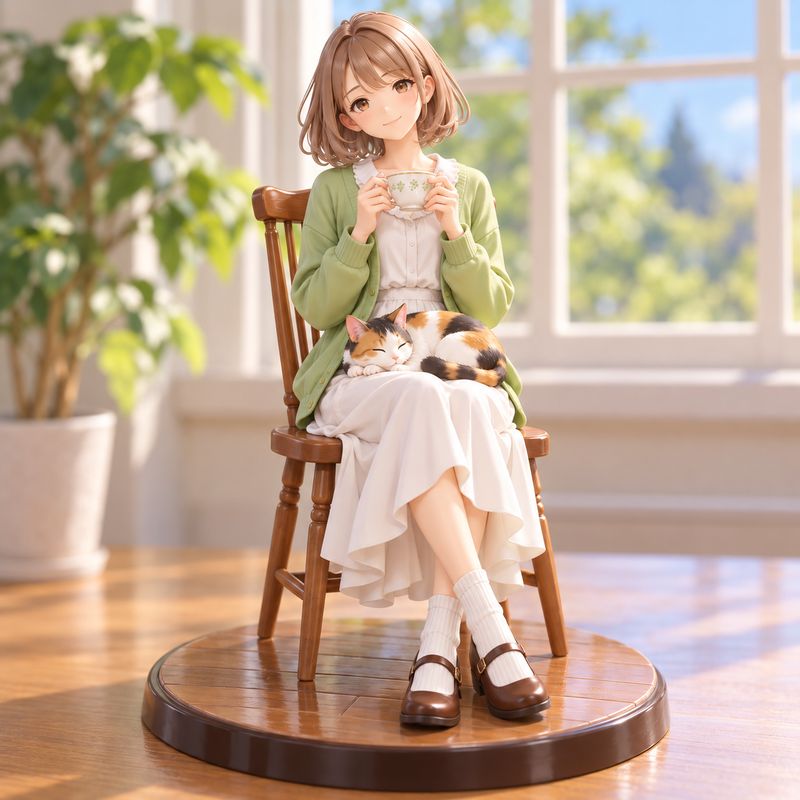 フィギュア風で描いた、窓辺で紅茶を飲む女の子と三毛猫