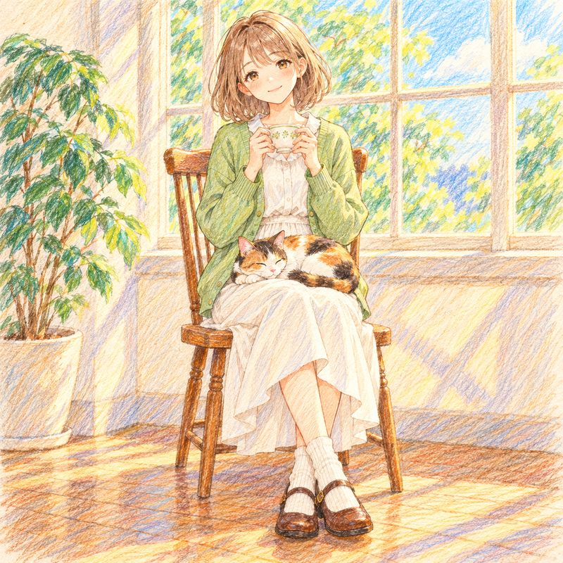 色鉛筆風で描いた、窓辺で紅茶を飲む女の子と三毛猫