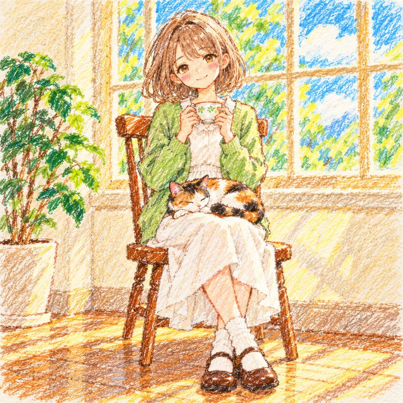 クレヨン風で描いた、窓辺で紅茶を飲む女の子と三毛猫