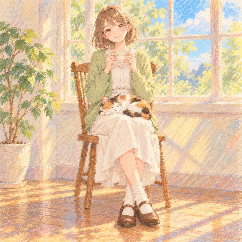 パステル風で描いた、窓辺で紅茶を飲む女の子と三毛猫
