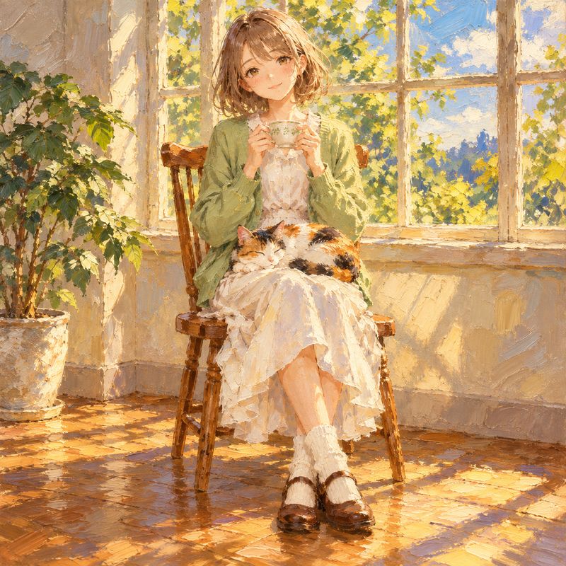油絵風で描いた、窓辺で紅茶を飲む女の子と三毛猫