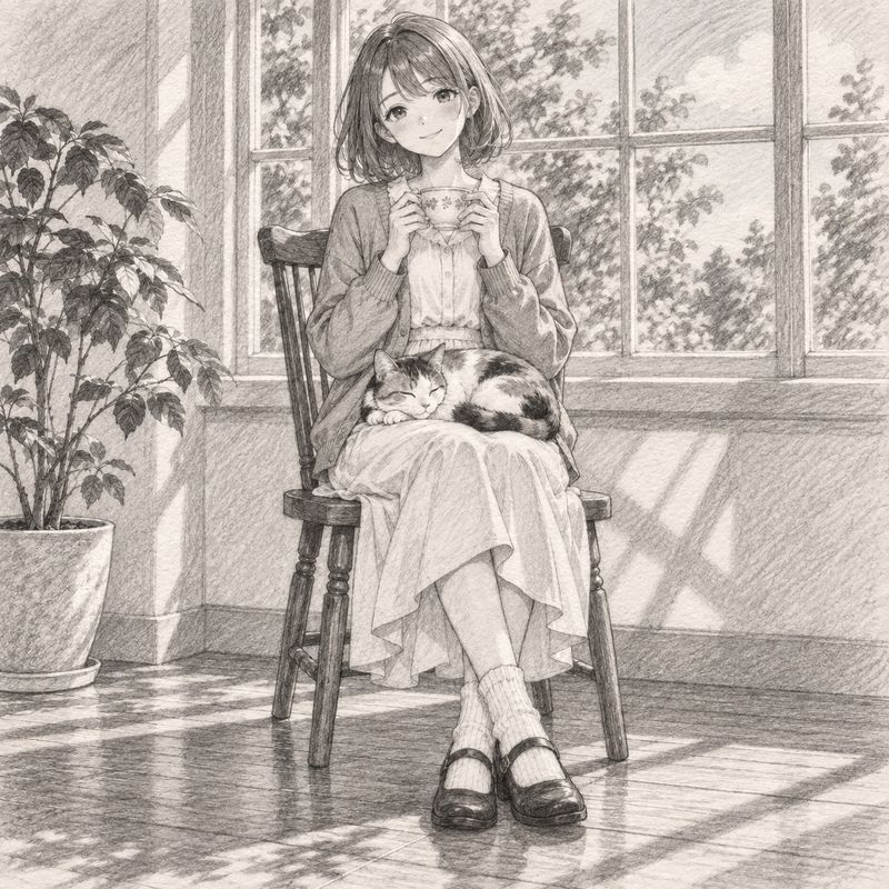鉛筆デッサン風で描いた、窓辺で紅茶を飲む女の子と三毛猫