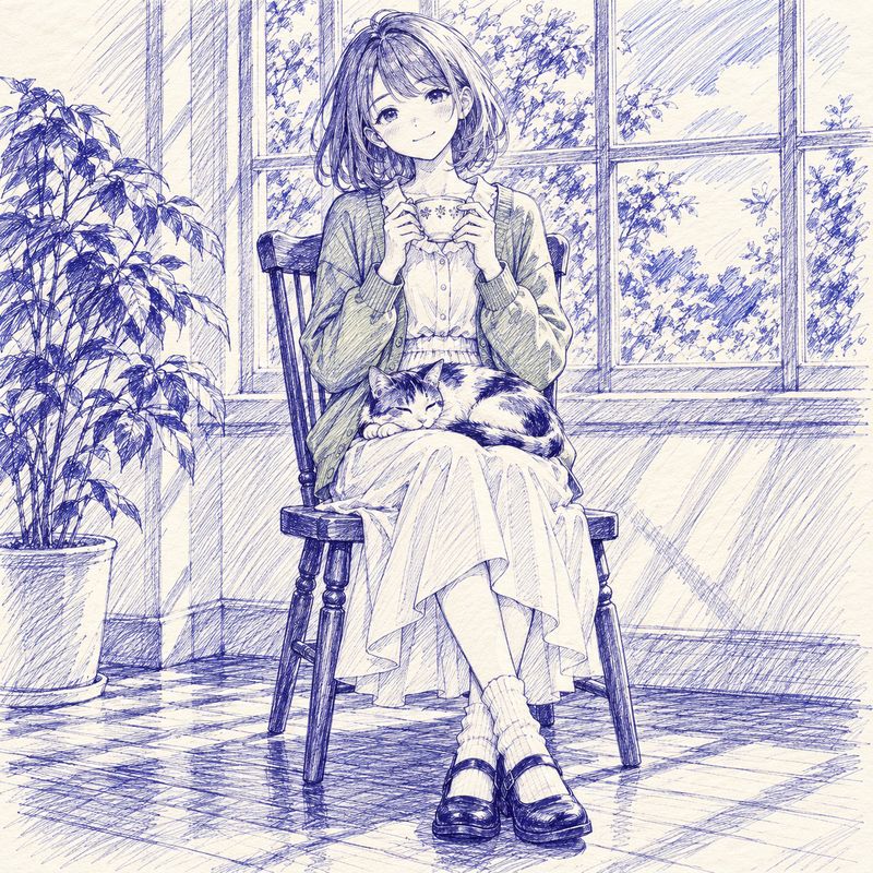 ボールペン画風で描いた、窓辺で紅茶を飲む女の子と三毛猫