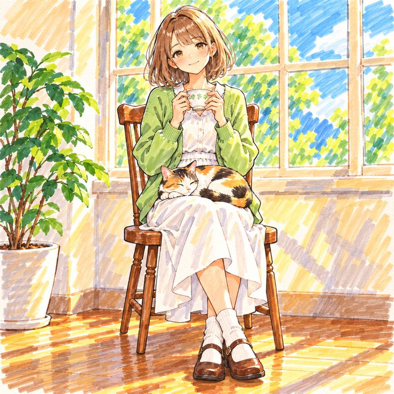 マーカー画風で描いた、窓辺で紅茶を飲む女の子と三毛猫