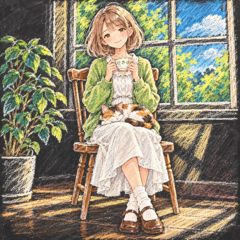 チョークアート風で描いた、窓辺で紅茶を飲む女の子と三毛猫