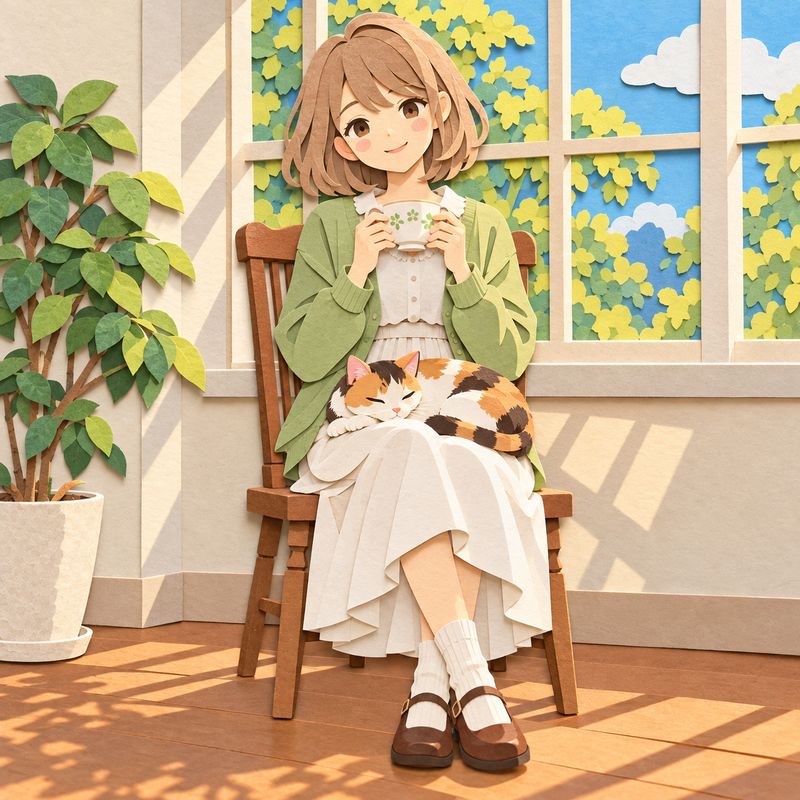切り絵風で描いた、窓辺で紅茶を飲む女の子と三毛猫
