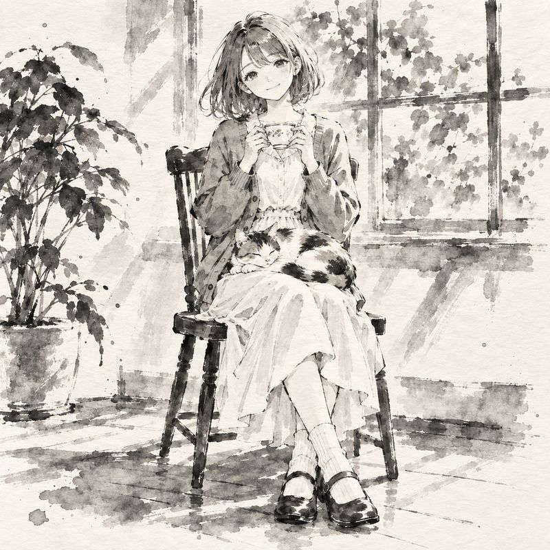 水墨画風で描いた、窓辺で紅茶を飲む女の子と三毛猫