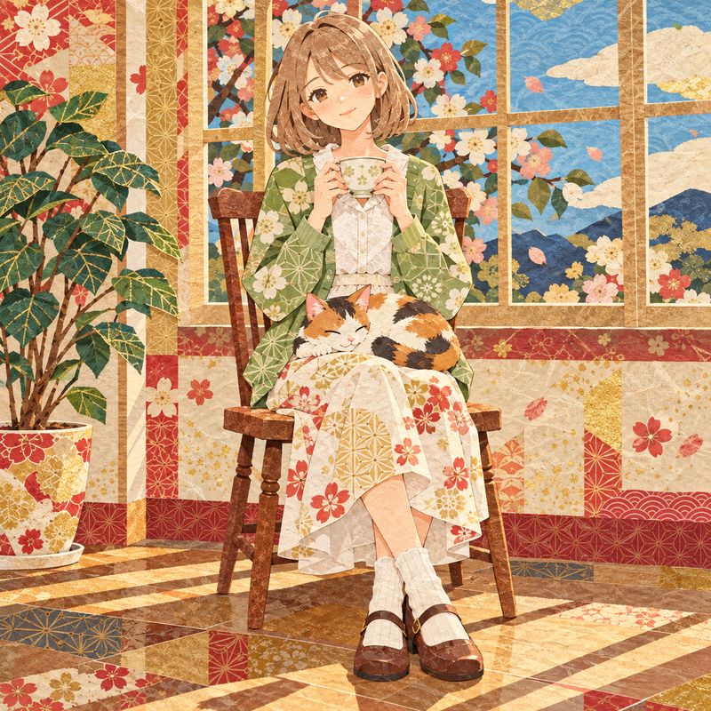 千代紙（和柄）風で描いた、窓辺で紅茶を飲む女の子と三毛猫