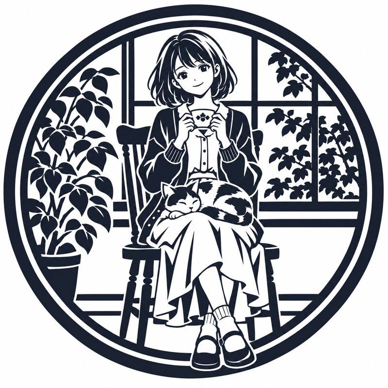 家紋風で描いた、窓辺で紅茶を飲む女の子と三毛猫
