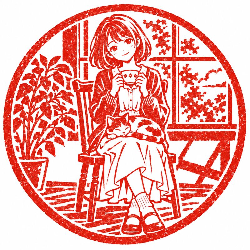 はんこ風で描いた、窓辺で紅茶を飲む女の子と三毛猫