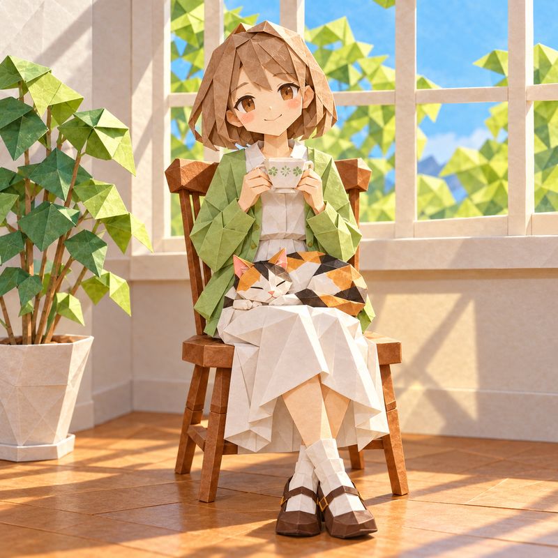 折り紙風で描いた、窓辺で紅茶を飲む女の子と三毛猫