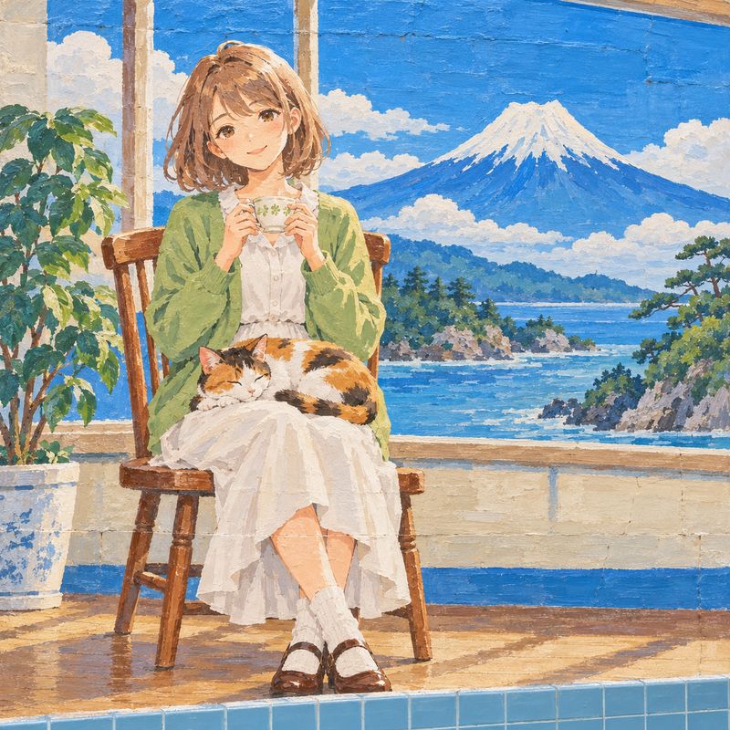 銭湯ペンキ絵風で描いた、窓辺で紅茶を飲む女の子と三毛猫