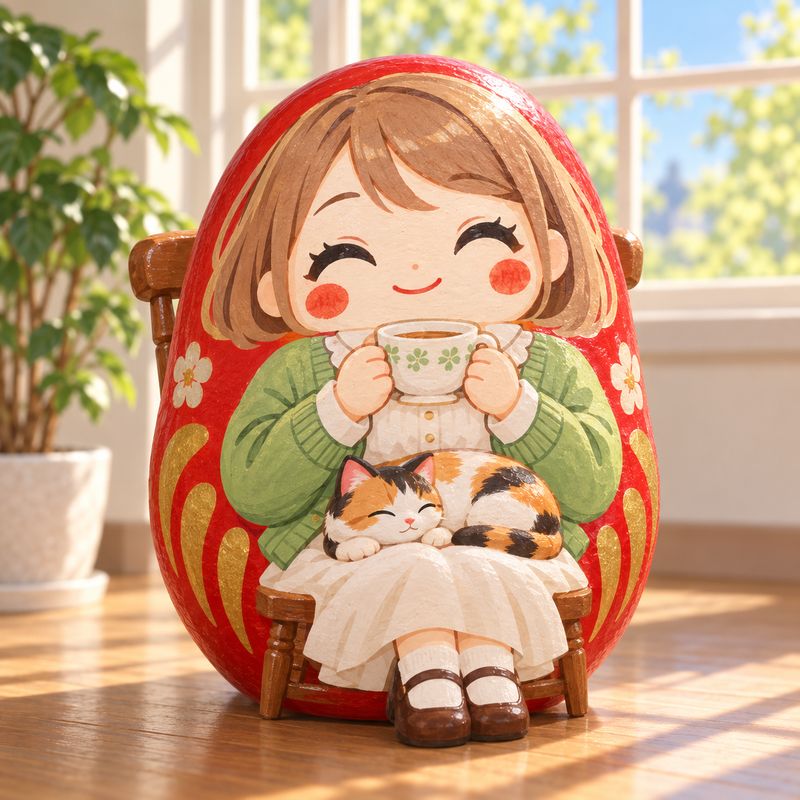 だるま風で描いた、窓辺で紅茶を飲む女の子と三毛猫