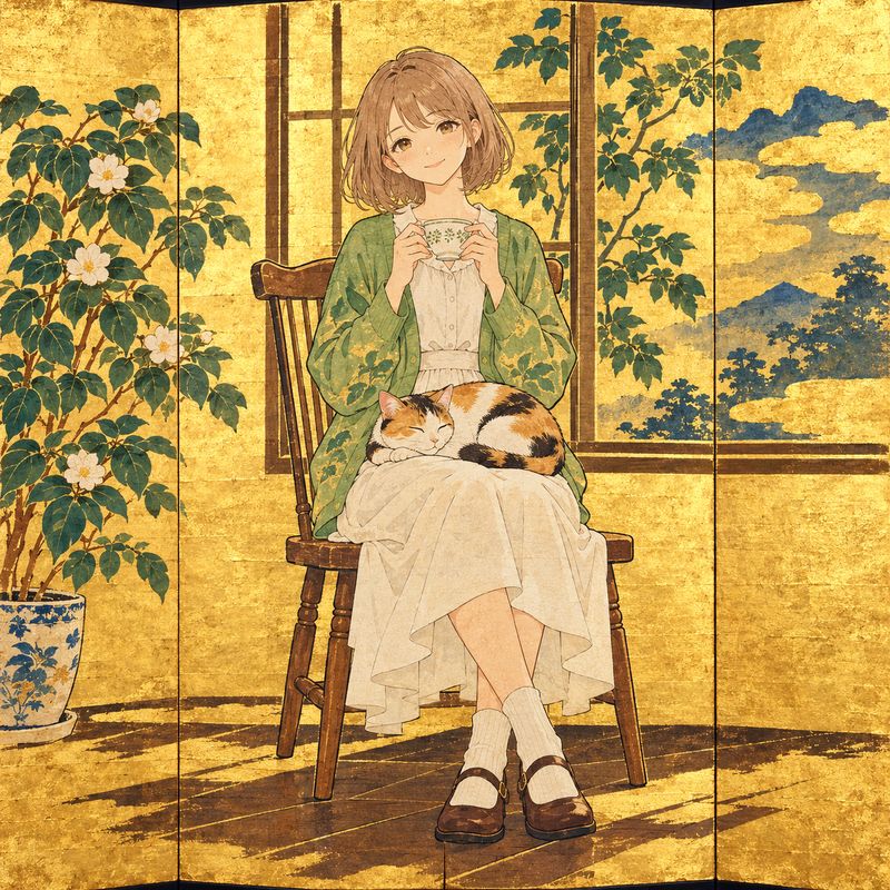 金屏風風で描いた、窓辺で紅茶を飲む女の子と三毛猫
