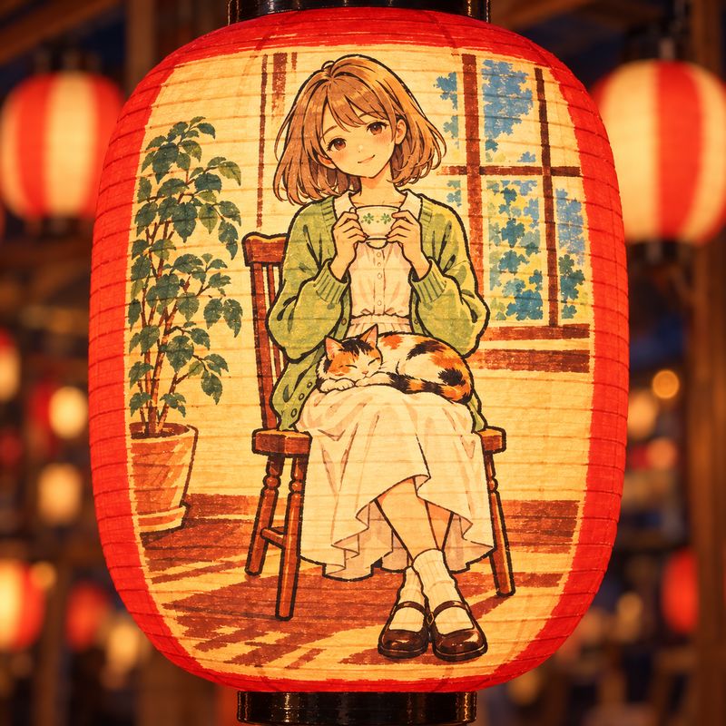 提灯（祭り）風で描いた、窓辺で紅茶を飲む女の子と三毛猫