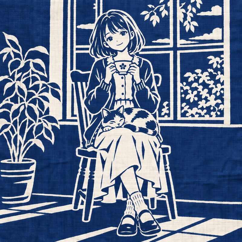 手ぬぐい柄風で描いた、窓辺で紅茶を飲む女の子と三毛猫