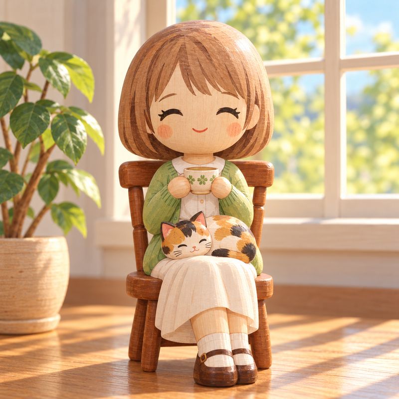 こけし風で描いた、窓辺で紅茶を飲む女の子と三毛猫