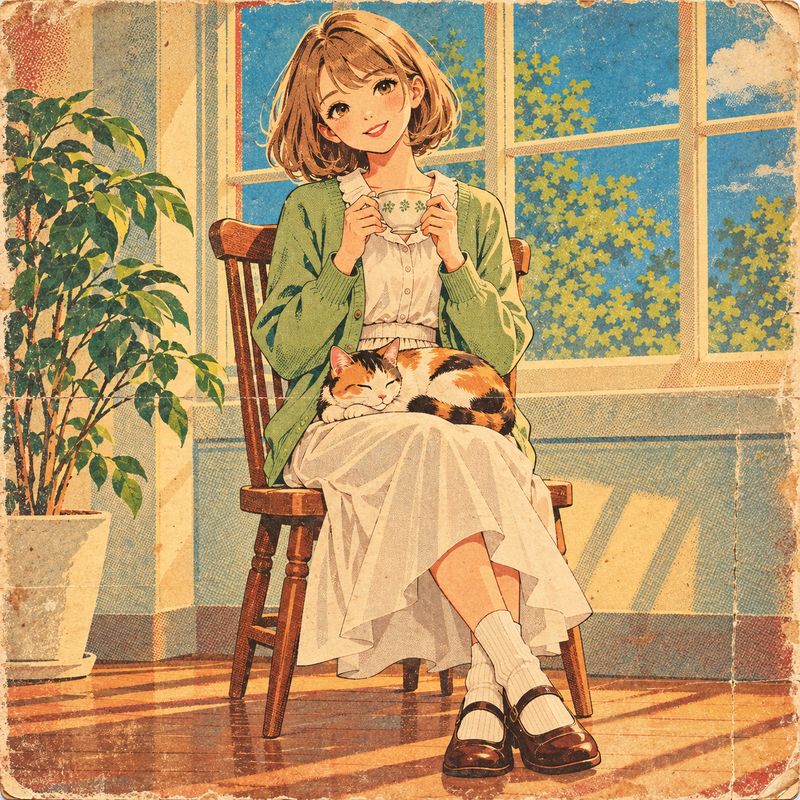 昭和レトロ広告風で描いた、窓辺で紅茶を飲む女の子と三毛猫
