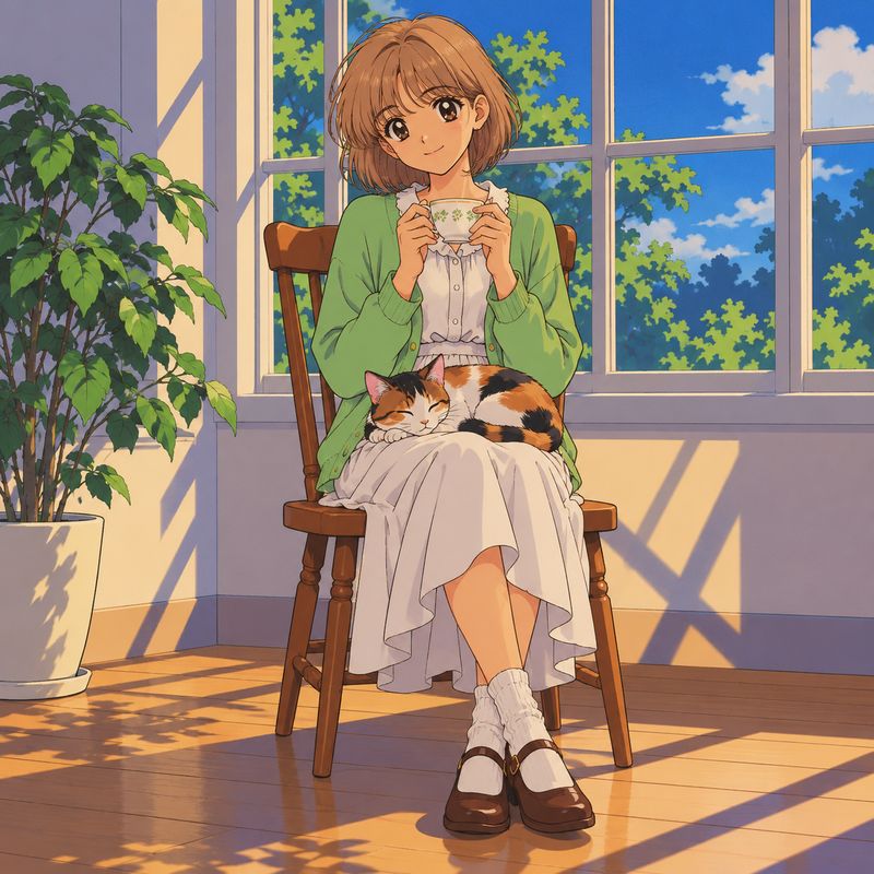 90年代アニメ風で描いた、窓辺で紅茶を飲む女の子と三毛猫