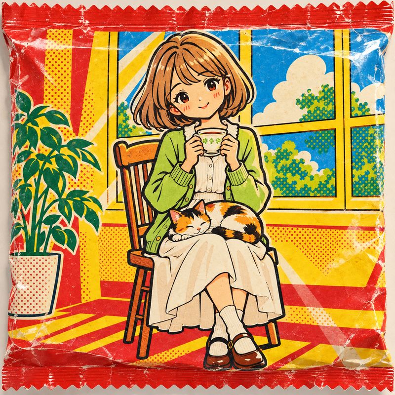 駄菓子パッケージ風で描いた、窓辺で紅茶を飲む女の子と三毛猫