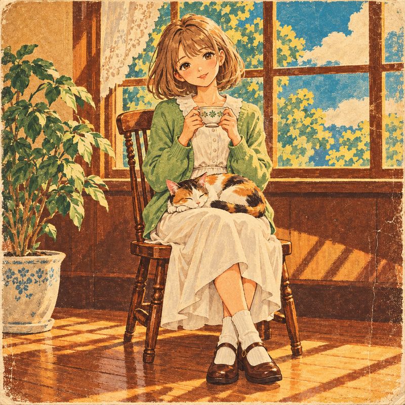 純喫茶メニュー風で描いた、窓辺で紅茶を飲む女の子と三毛猫