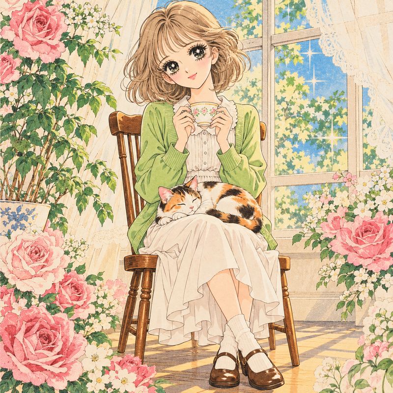 昭和少女漫画風で描いた、窓辺で紅茶を飲む女の子と三毛猫