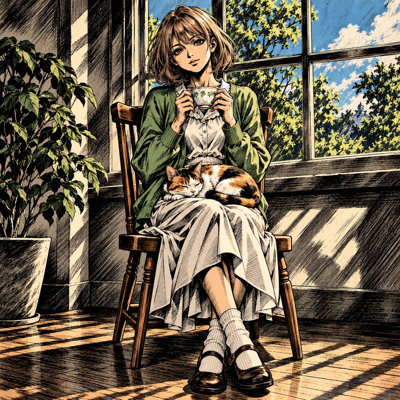 劇画風で描いた、窓辺で紅茶を飲む女の子と三毛猫