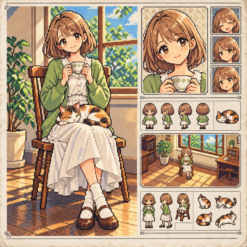 ゲーム攻略本風で描いた、窓辺で紅茶を飲む女の子と三毛猫