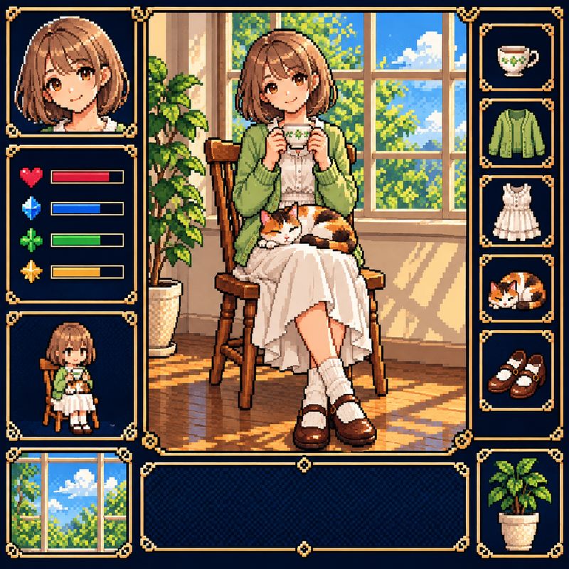 RPGステータス画面風で描いた、窓辺で紅茶を飲む女の子と三毛猫