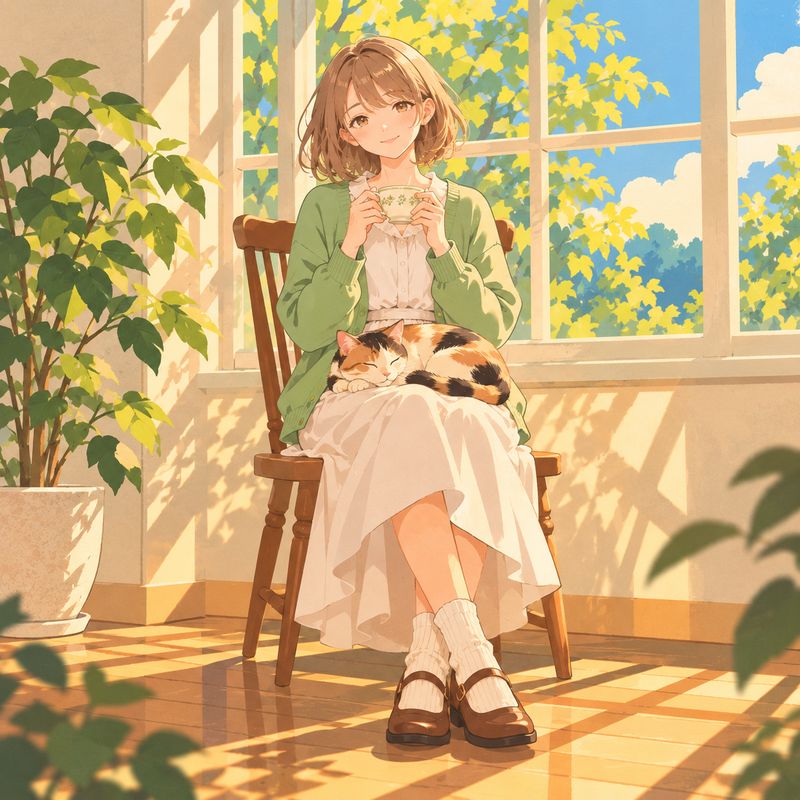 レコードジャケット風で描いた、窓辺で紅茶を飲む女の子と三毛猫