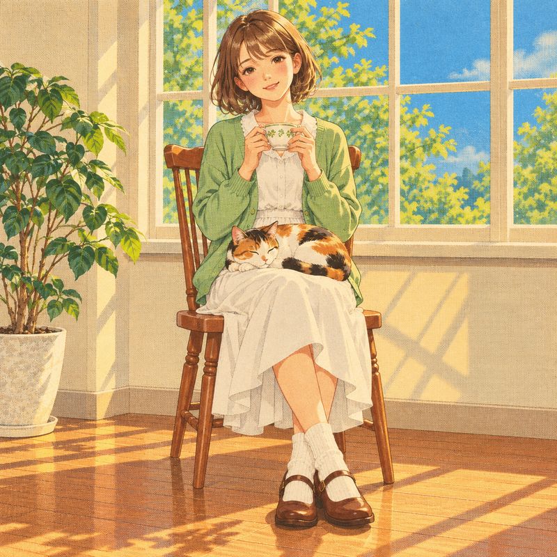 昭和家電カタログ風で描いた、窓辺で紅茶を飲む女の子と三毛猫
