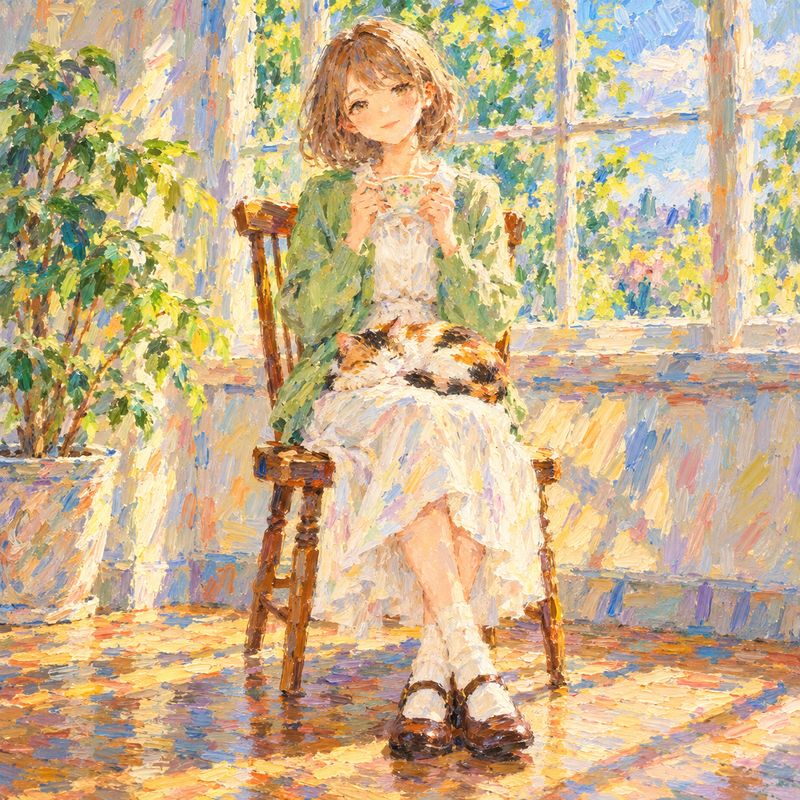 印象派風で描いた、窓辺で紅茶を飲む女の子と三毛猫