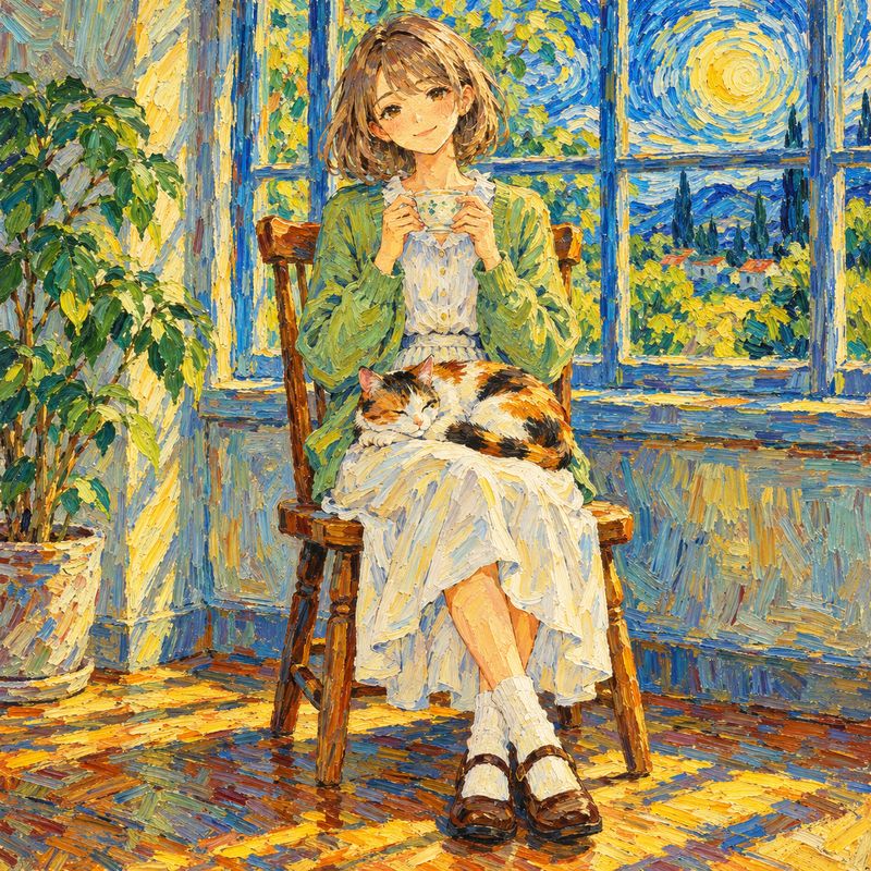 ゴッホ風で描いた、窓辺で紅茶を飲む女の子と三毛猫
