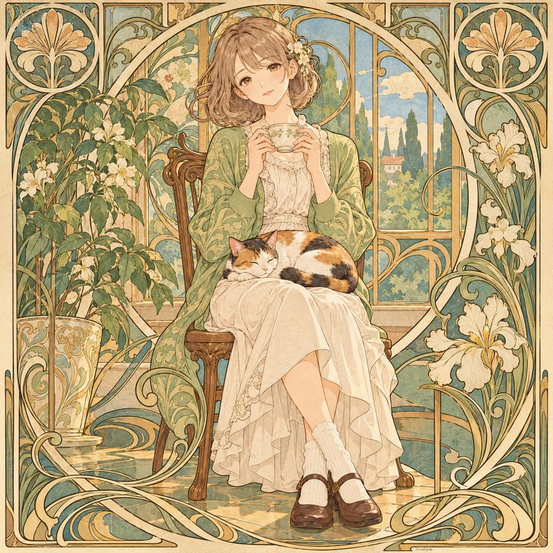アールヌーヴォー風で描いた、窓辺で紅茶を飲む女の子と三毛猫
