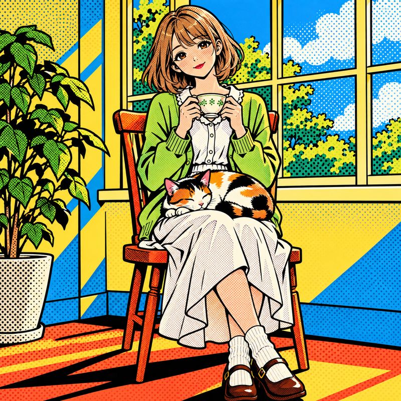 ポップアート風で描いた、窓辺で紅茶を飲む女の子と三毛猫