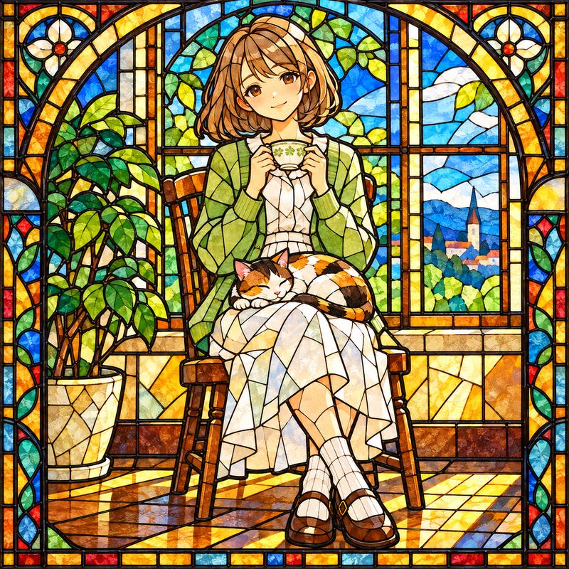 ステンドグラス風で描いた、窓辺で紅茶を飲む女の子と三毛猫
