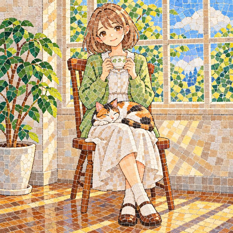 モザイクタイル風で描いた、窓辺で紅茶を飲む女の子と三毛猫
