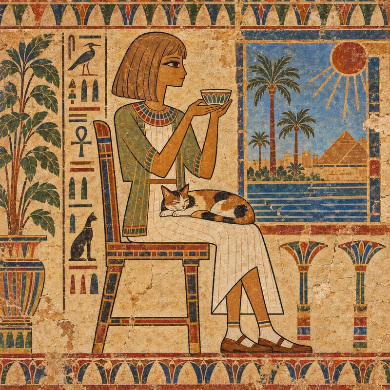 古代エジプト壁画風で描いた、窓辺で紅茶を飲む女の子と三毛猫