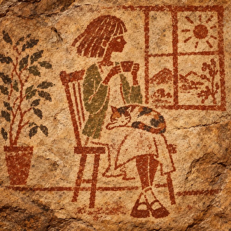 洞窟壁画風で描いた、窓辺で紅茶を飲む女の子と三毛猫