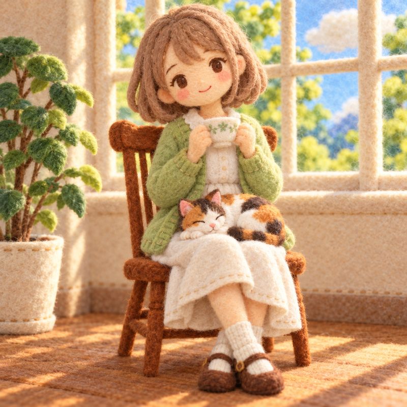 フェルト風で描いた、窓辺で紅茶を飲む女の子と三毛猫